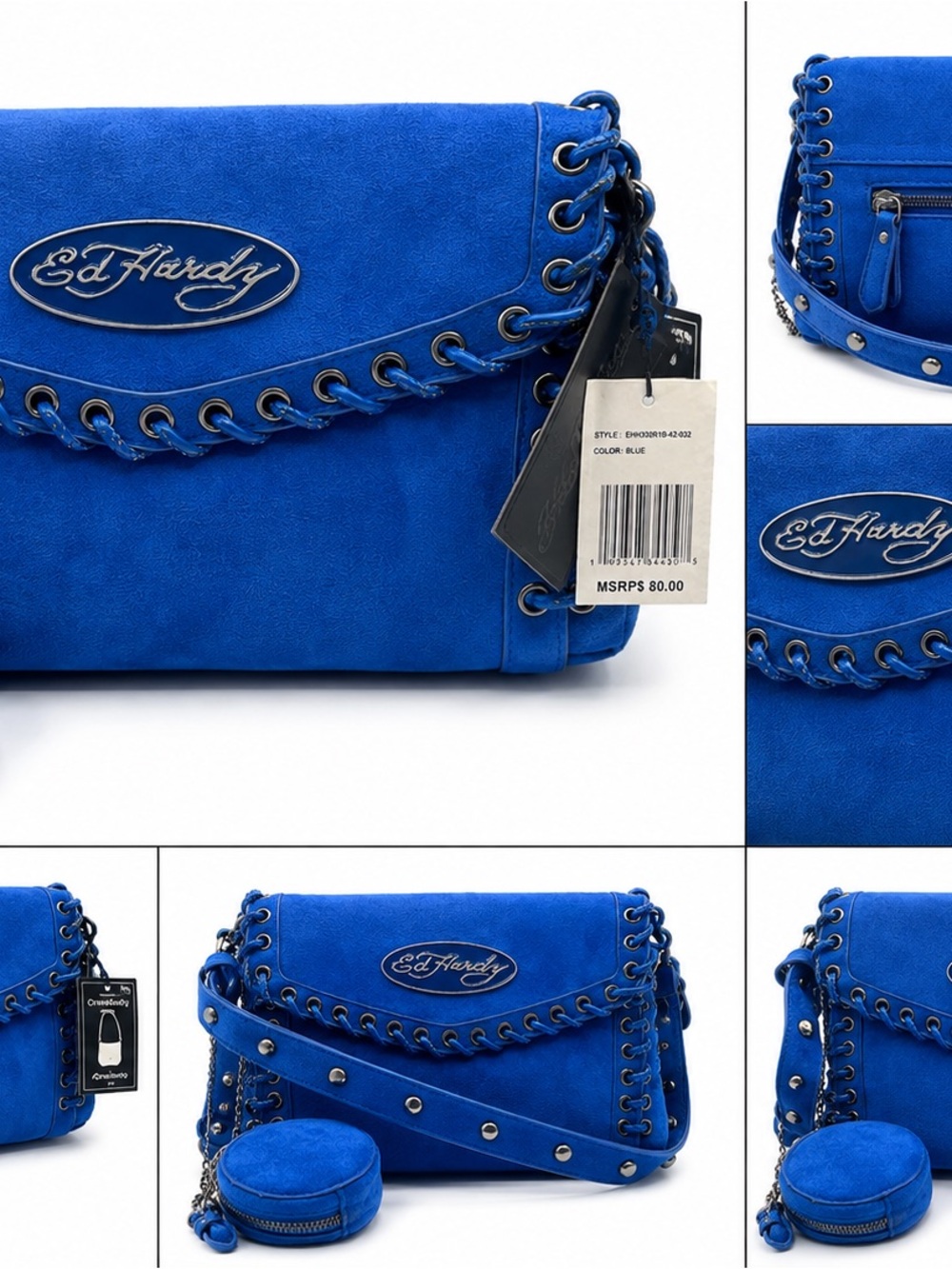 NWT Ed Hardy Blue Crossbody Bag + Coin Purse Blue Suede lace and studded
